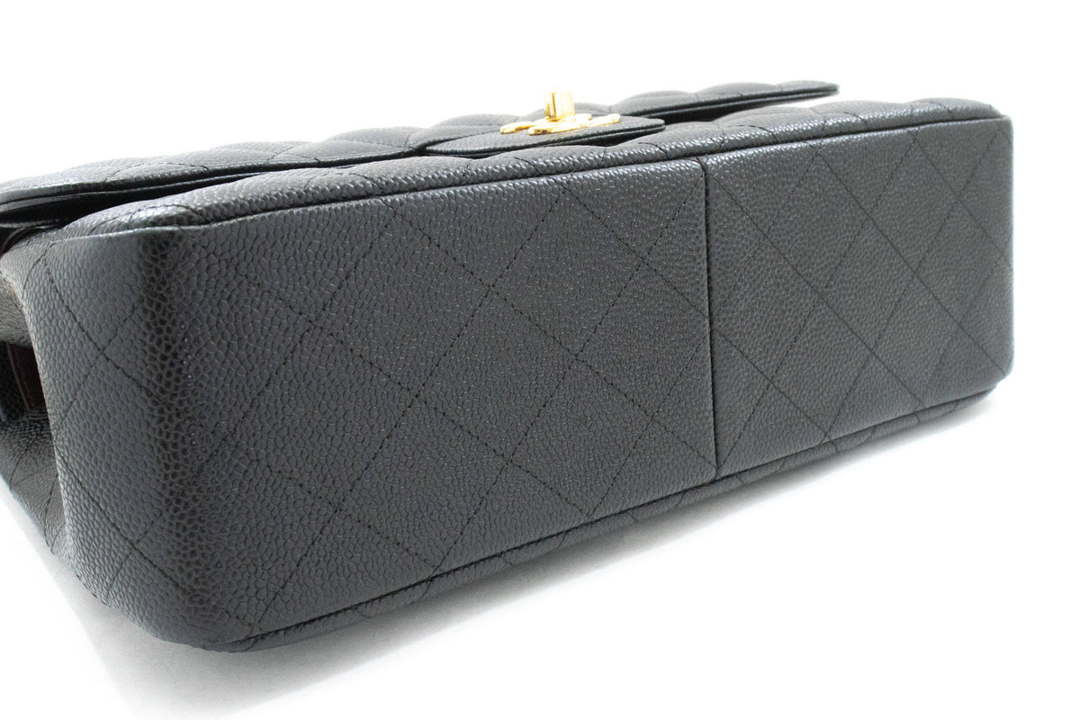 CHANEL 11" Chain Shoulder Bag Double Flap Black Grained Calfskin an5 hannari-shop