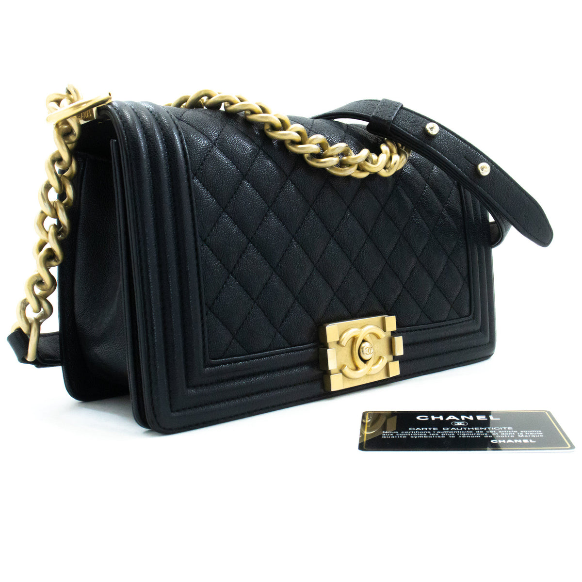 CHANEL Boy Grained Calfskin Chain Shoulder Bag Black Quilted Gold an7 hannari-shop