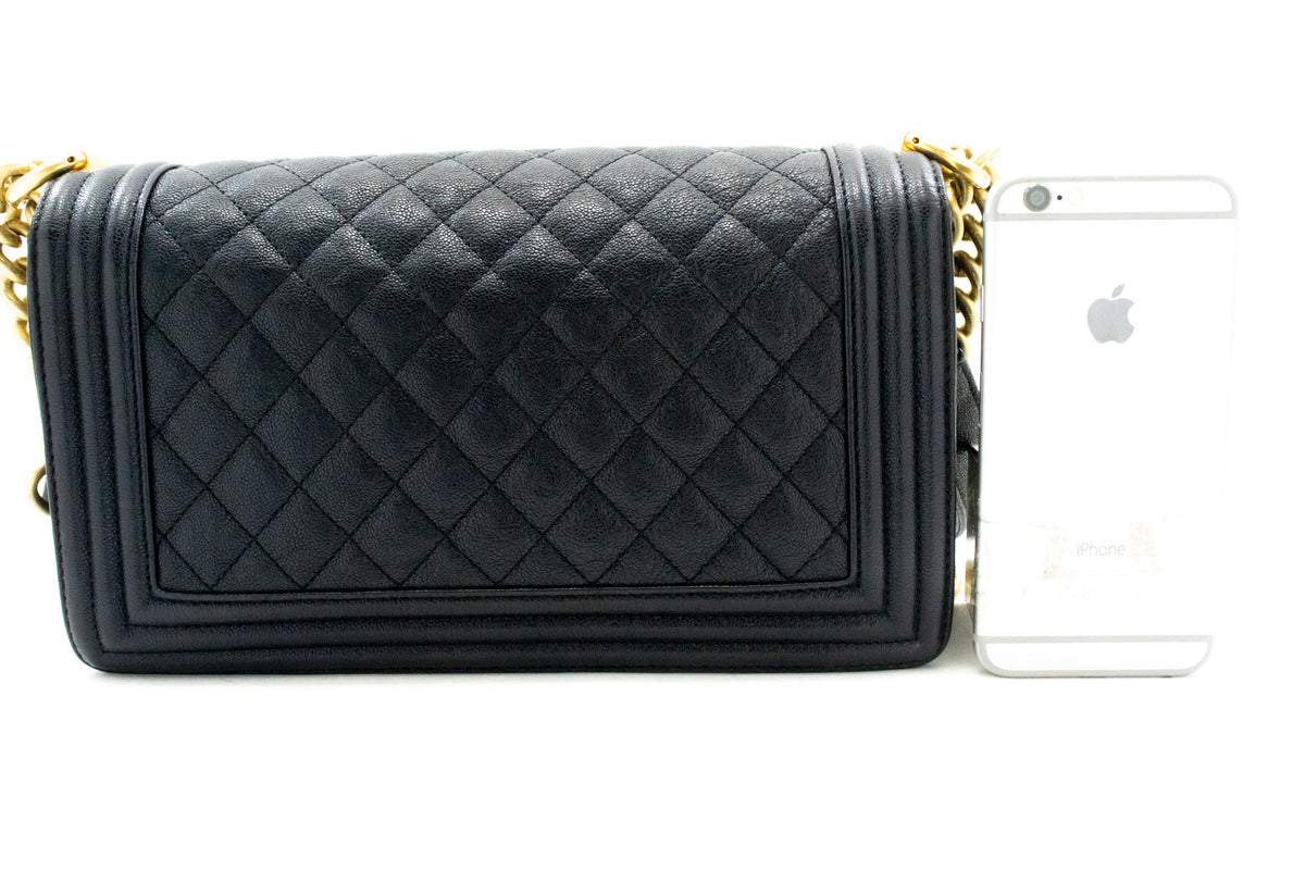 CHANEL Boy Grained Calfskin Chain Shoulder Bag Black Quilted Gold an7 hannari-shop