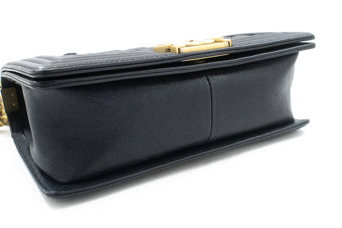 CHANEL Boy Grained Calfskin Chain Shoulder Bag Black Quilted Gold an7 hannari-shop