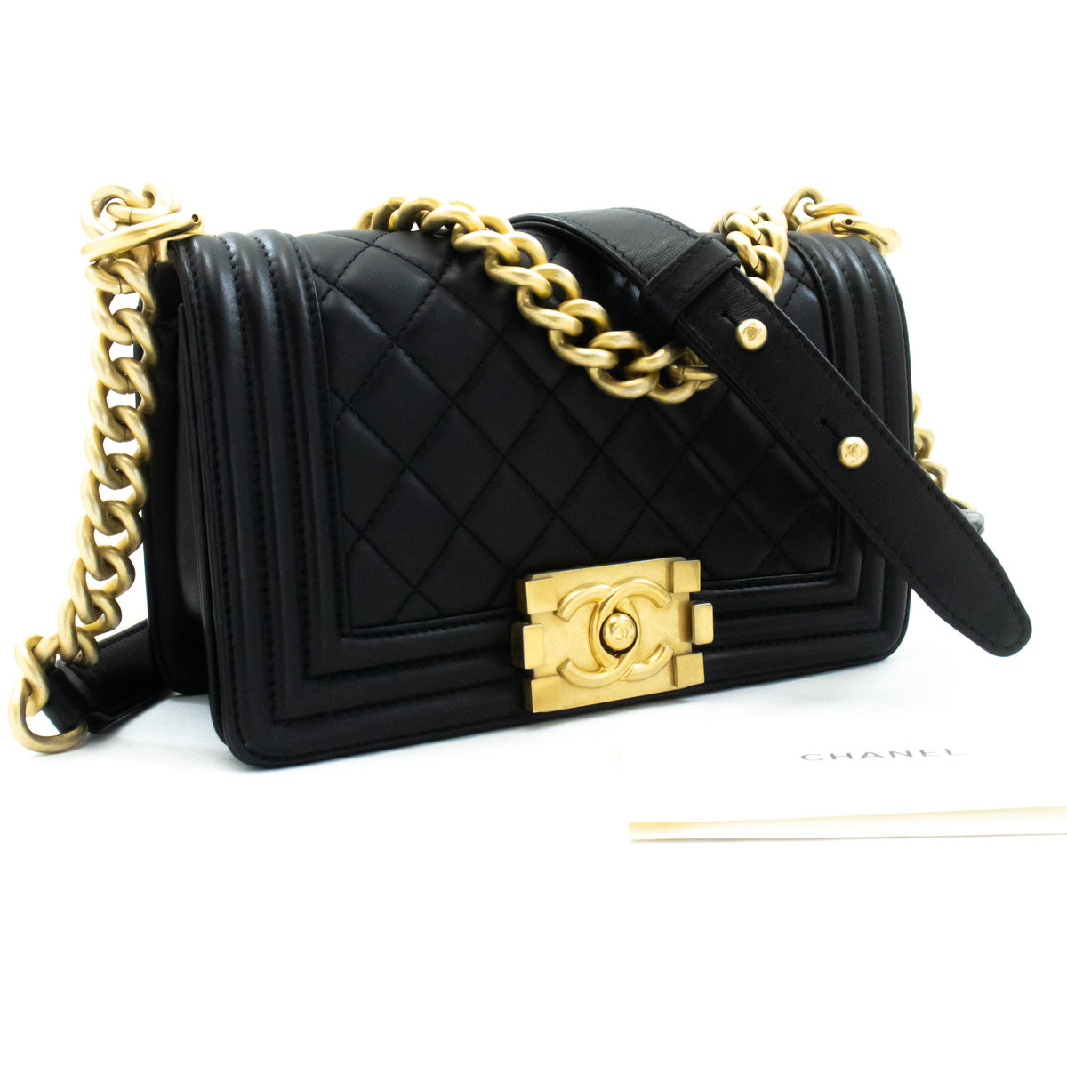 CHANEL Boy Chain Shoulder Bag Black Quilted Flap Lambskin Gold an6 hannari-shop