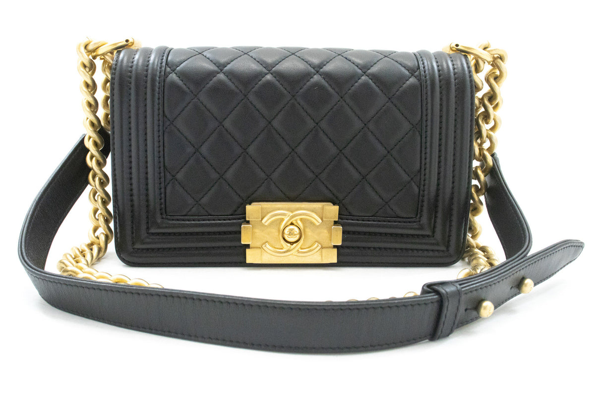 CHANEL Boy Chain Shoulder Bag Black Quilted Flap Lambskin Gold an6 hannari-shop