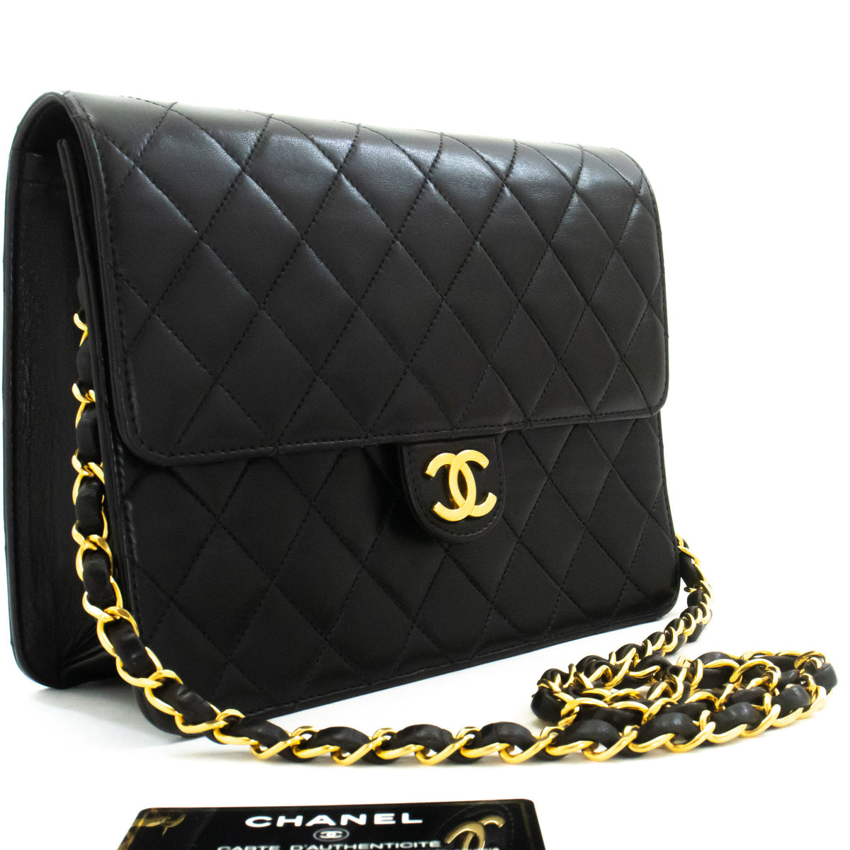 CHANEL Lille kæde skuldertaske clutch sort quiltet flap lammeskind ao8 — set fra toppen hannari-shop