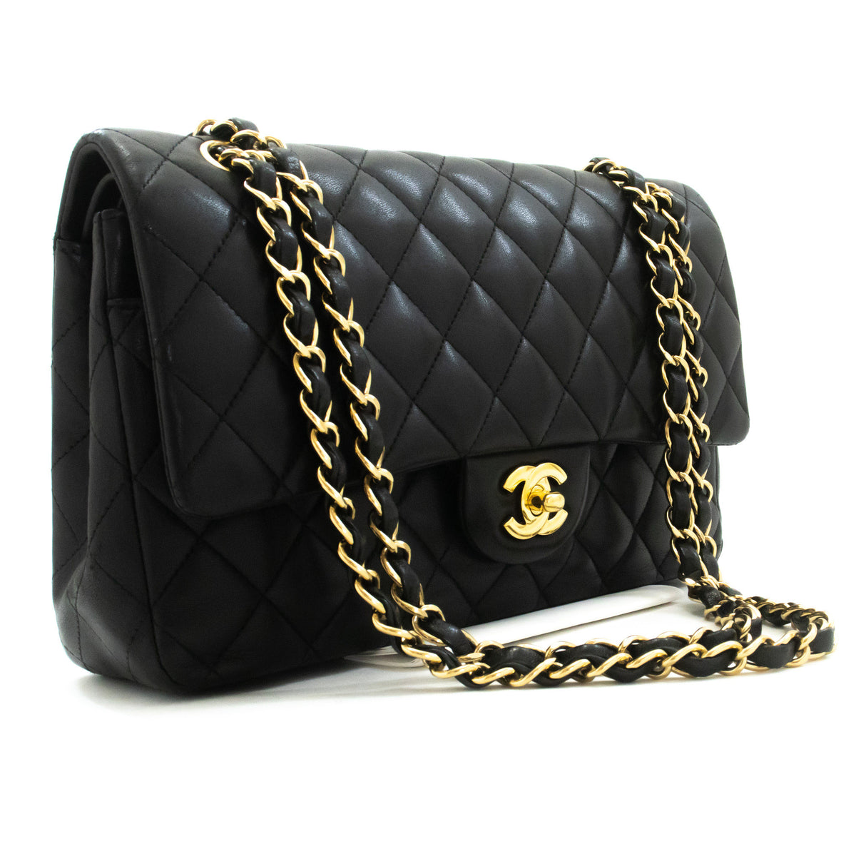 CHANEL Classic Double Flap 10" Chain Shoulder Bag Black Lambskin aq1 — vue de dessus hannari-shop