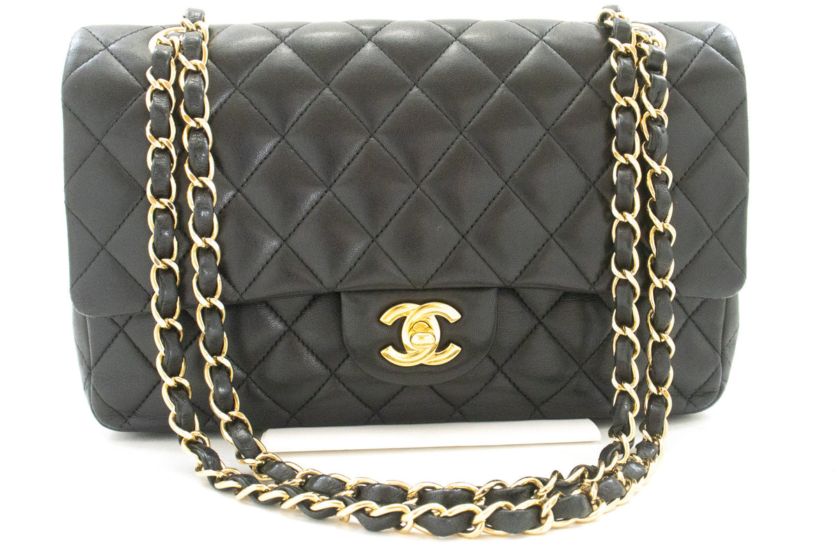 CHANEL Classic Double Flap 10" Chain Shoulder Bag Black Lambskin aq1 — vue de face hannari-shop