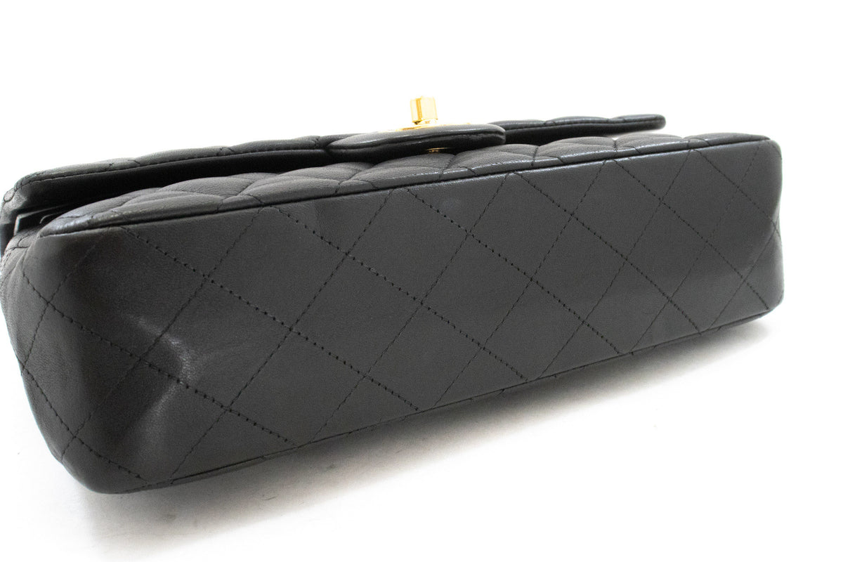 CHANEL Classic Double Flap 10" Chain Shoulder Bag Black Lambskin aq1 — vue du dessous hannari-shop