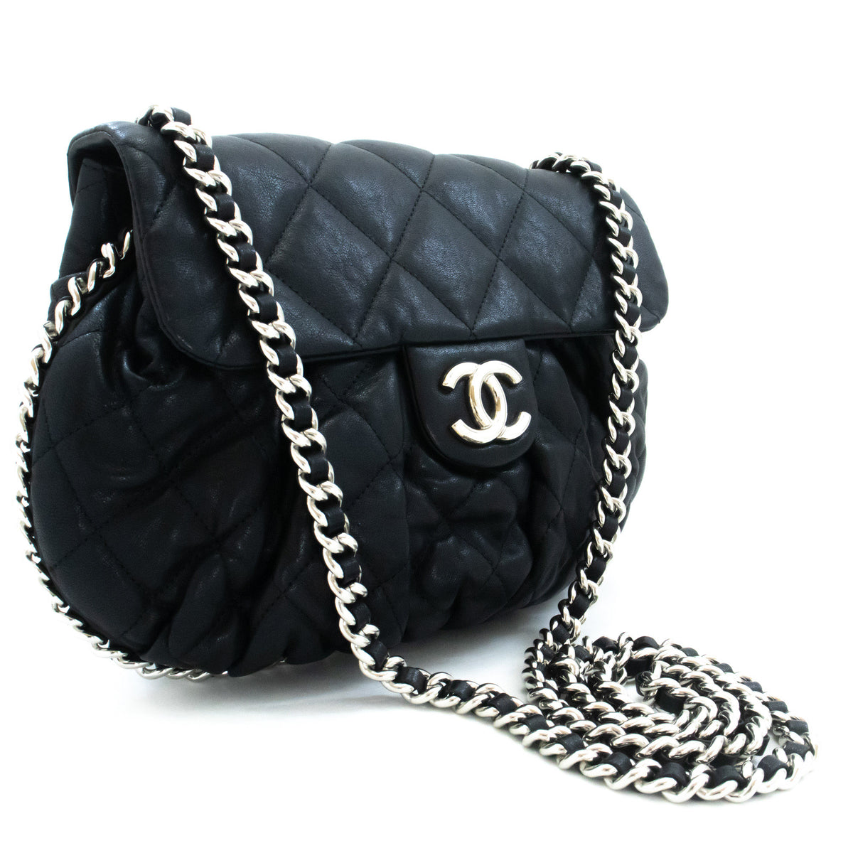 CHANEL Chain Around Shoulder Bag Crossbody Black Calfskin Leather ap9 — 상단 보기 hannari-shop