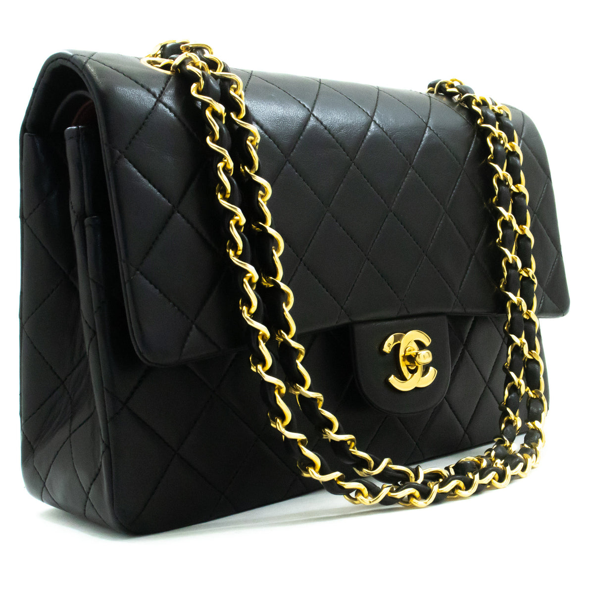 CHANEL Classic Double Flap 10" Chain Shoulder Bag Black Lambskin ao6 — vue de dessus hannari-shop