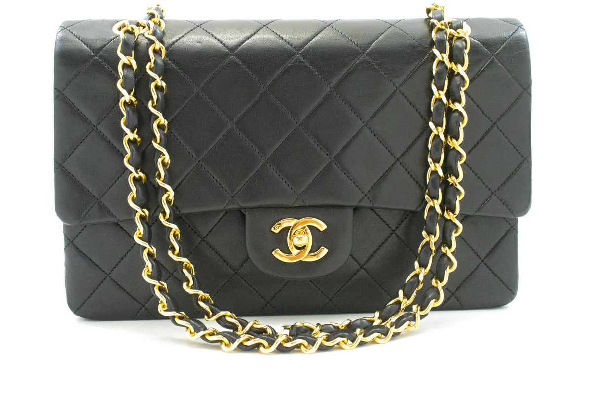 CHANEL Classic Double Flap 10" Chain Shoulder Bag Black Lambskin ao6 — vue de face hannari-shop