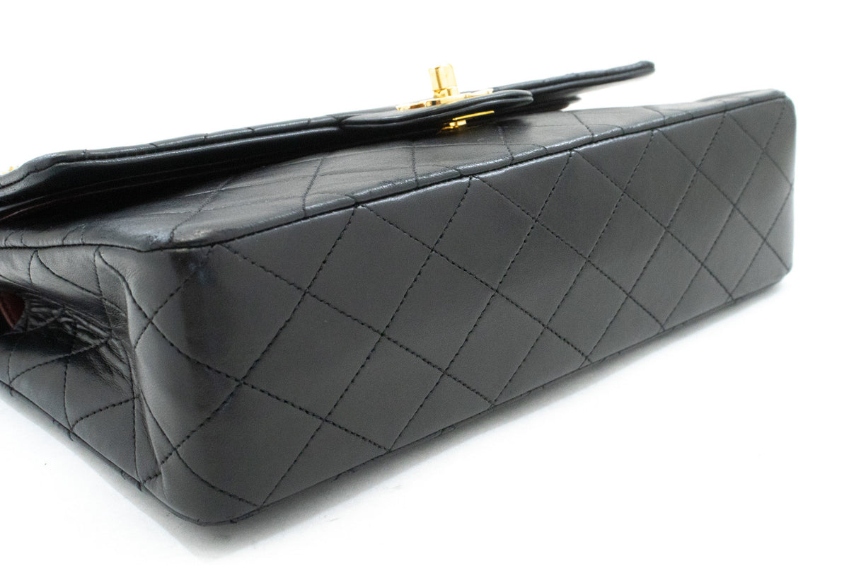 CHANEL Classic Double Flap 10" Chain Shoulder Bag Black Lambskin ao6 — vue de dessous hannari-shop