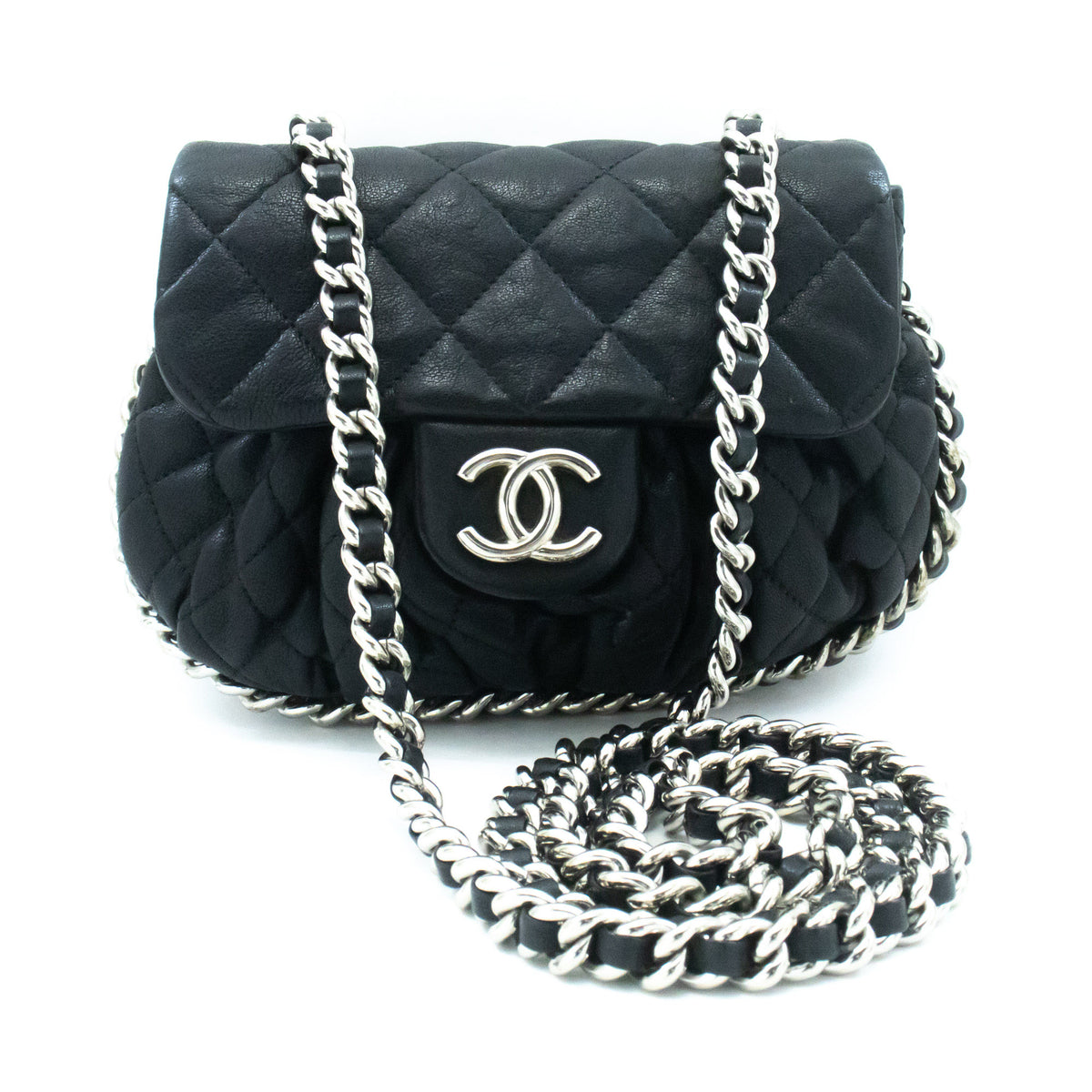 CHANEL Chain Around Small Shoulder Bag Crossbody Black Calfskin ap7 — top view hannari-shop