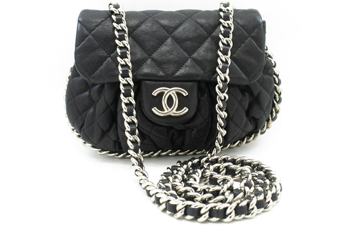 CHANEL Chain Around Small Shoulder Bag Crossbody Black Calfskin ap7 — front hannari-shop