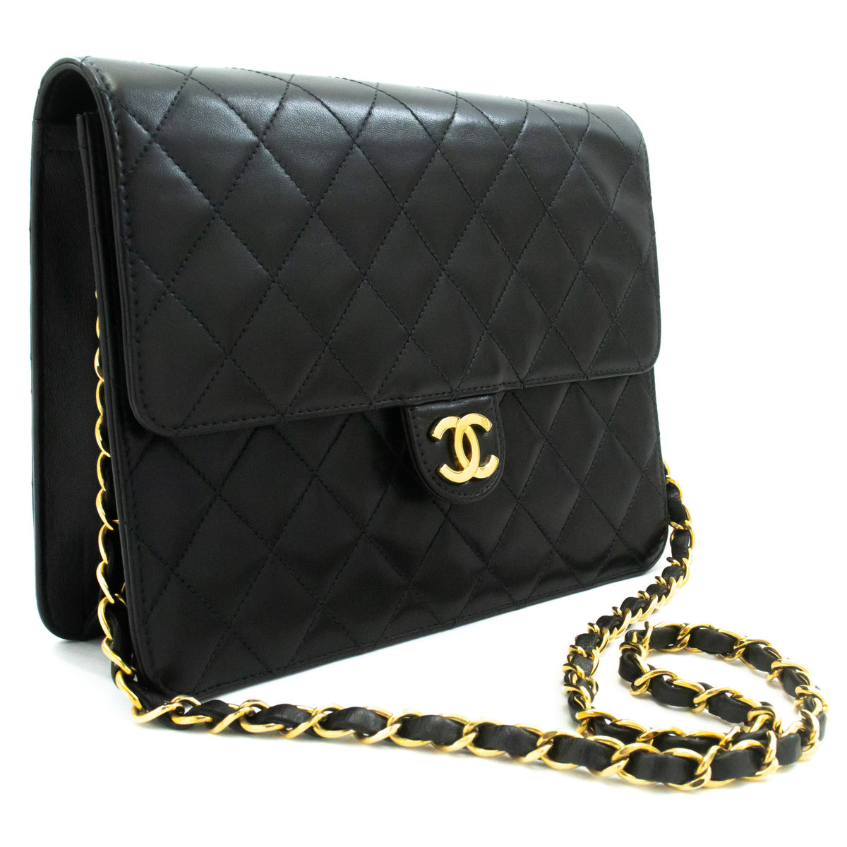 CHANEL Petit sac à bandoulière à chaîne pochette noir matelassé à rabat en agneau ao7 — vue de dessus hannari-shop