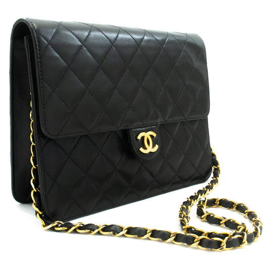 CHANEL Small Chain Shoulder Bag Clutch Black Quilted Flap Lambskin ao7 — top view hannari-shop