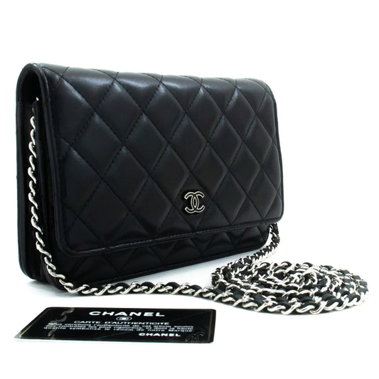 CHANEL Black Classic Wallet On Chain WOC Shoulder Bag Lambskin SV ap8 — top view hannari-shop