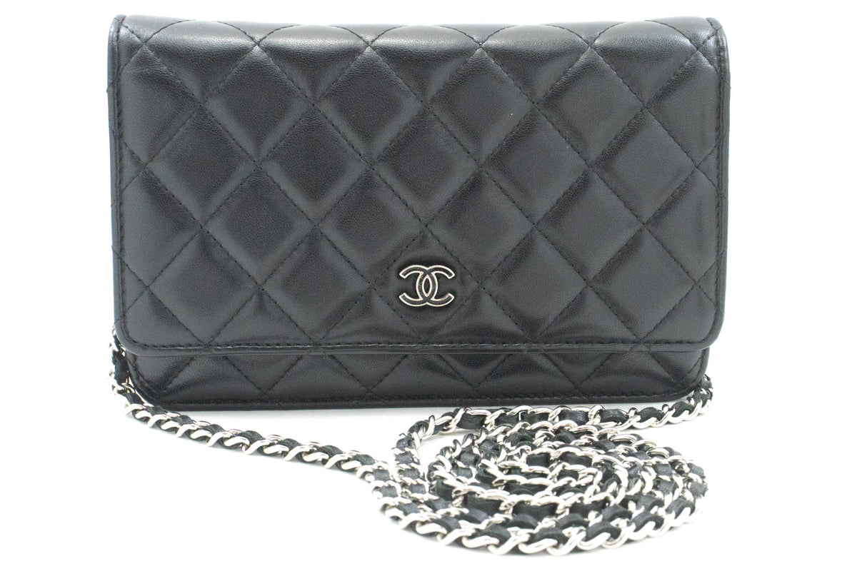 CHANEL Black Classic Wallet On Chain WOC Shoulder Bag Lambskin SV ap8 — front hannari-shop