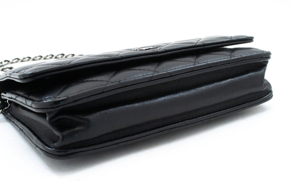CHANEL Black Classic Wallet On Chain WOC Shoulder Bag Lambskin SV ap8 — bottom hannari-shop