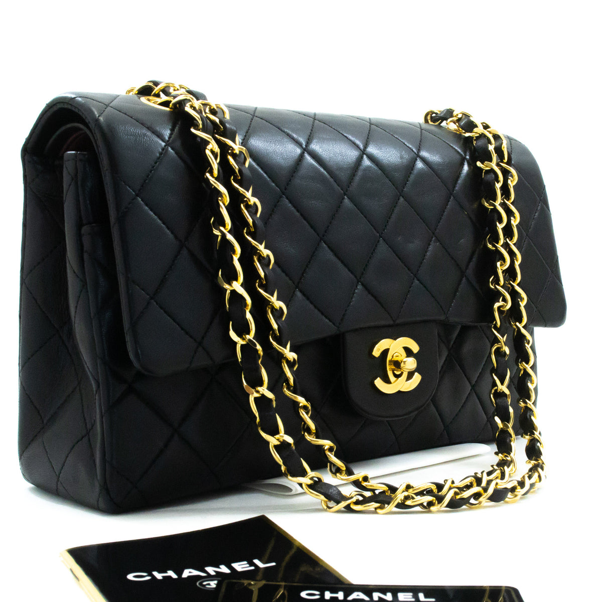 CHANEL Classic Double Flap 10" Chain Shoulder Bag Black Lambskin ap6 — vue de dessus hannari-shop