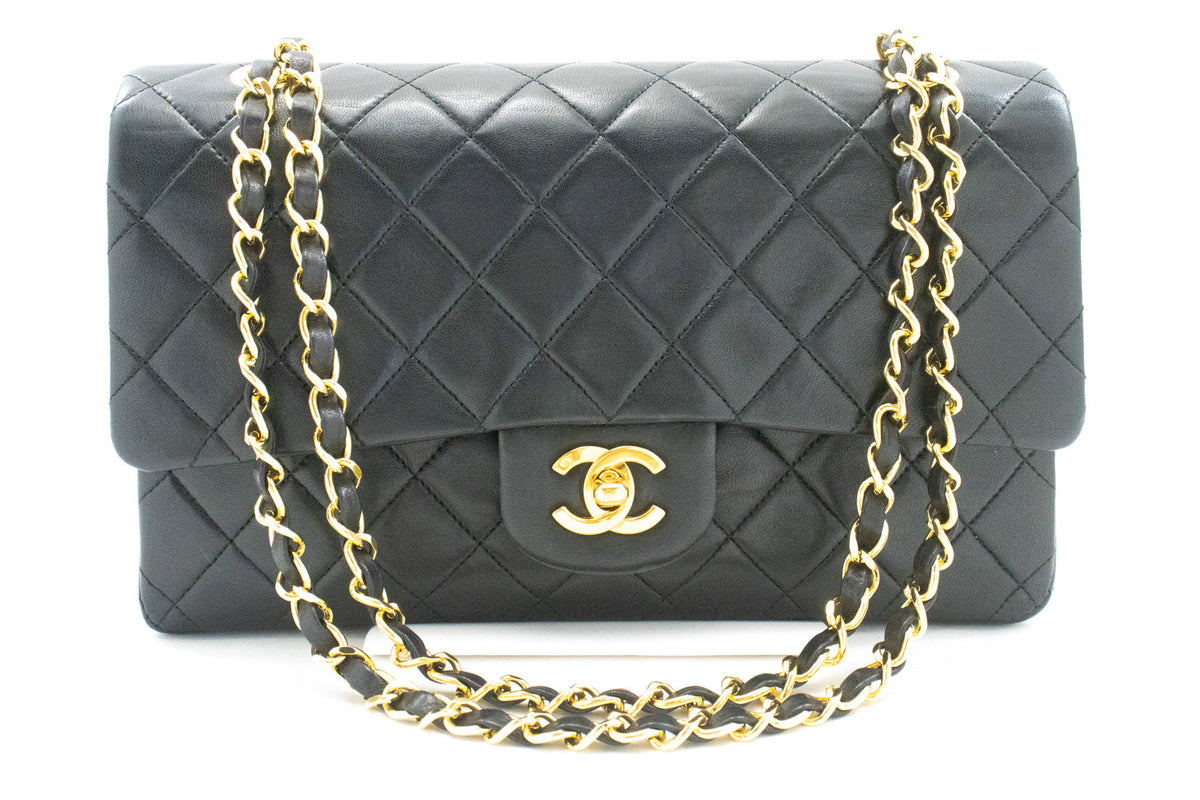 CHANEL Classic Double Flap 10" Chain Shoulder Bag Black Lambskin ap6 — face avant hannari-shop