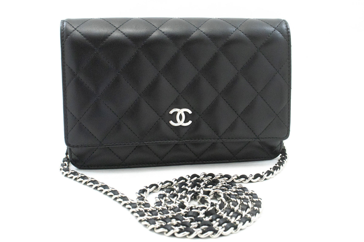 CHANEL Black Classic Wallet On Chain WOC Shoulder Bag Lambskin ap5 — face avant hannari-shop