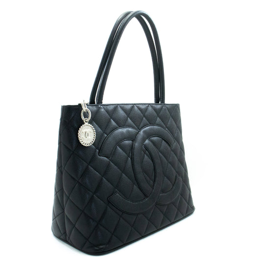 CHANEL Silver Medallion Grained Calfskin Leather Shoulder Bag ap3 — top view hannari-shop