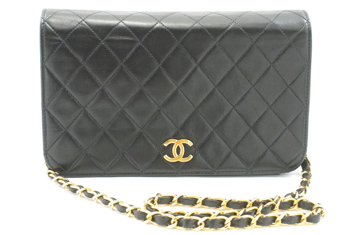 CHANEL Full Flap Chain Shoulder Bag Clutch Black Quilted Lambskin ao4 — front hannari-shop