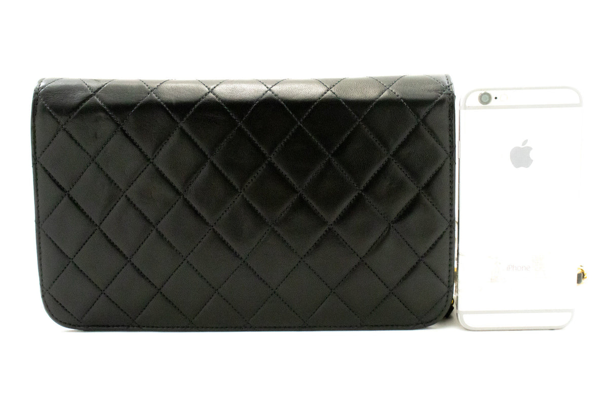 CHANEL Full Flap Chain Shoulder Bag Clutch Black Quilted Lambskin ao4 — back hannari-shop
