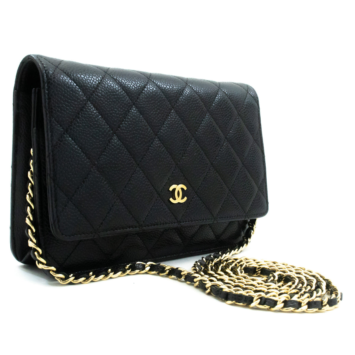 CHANEL جلد العجل المحبب Wallet On Chain WOC حقيبة كتف سوداء ap1 — منظر علوي hannari-shop