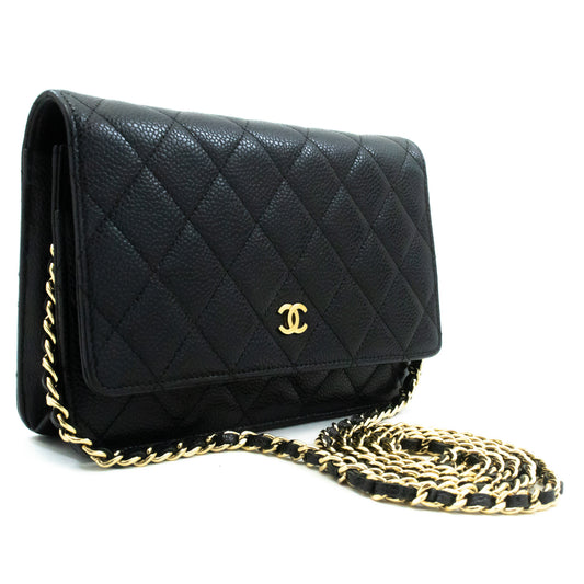 CHANEL Grained Calfskin Wallet On Chain WOC Black Shoulder Bag ap1 — top view hannari-shop