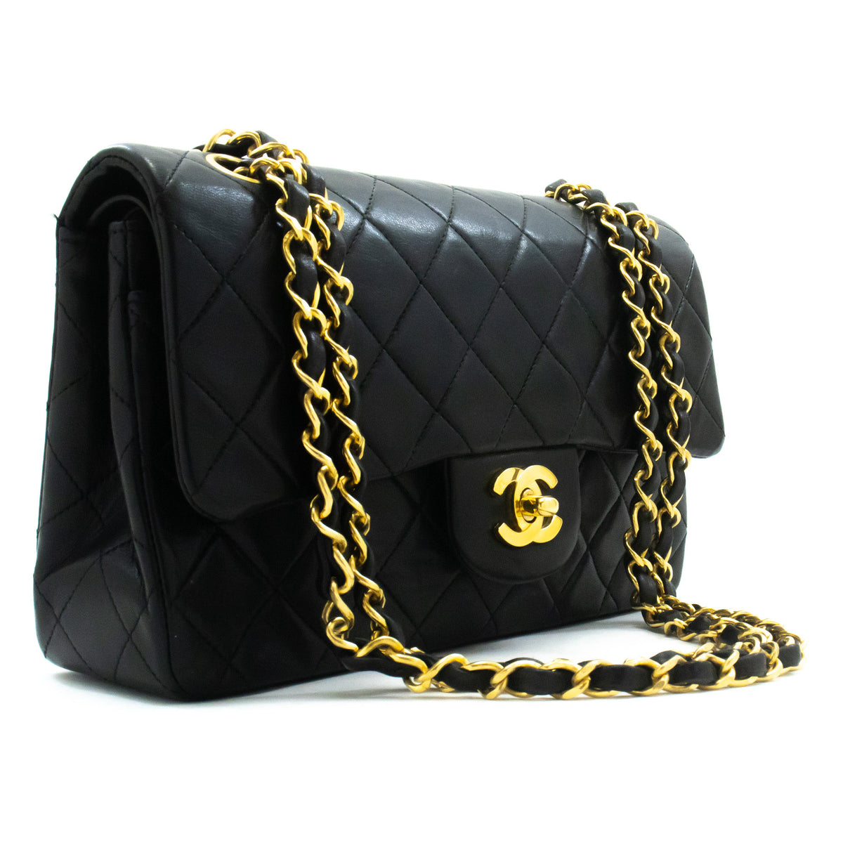 CHANEL Classic Double Flap 9" Chain Shoulder Bag Black Lambskin ap2 — top view hannari-shop