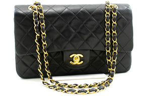 CHANEL Classic Double Flap 10" Chain Shoulder Bag Black Lambskin m52 hannari-shop