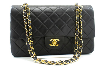 CHANEL Classic Double Flap 10" Chain Shoulder Bag Black Lambskin m77 hannari-shop