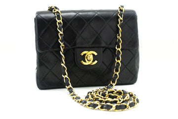 CHANEL Mini Square Small Chain Shoulder Bag Crossbody Black Lamb m76 hannari-shop