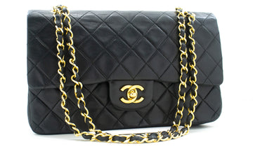 CHANEL Classic Double Flap 10" Chain Shoulder Bag Black Lambskin n05 hannari-shop