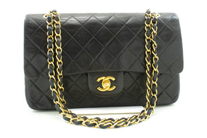 CHANEL Classic Double Flap 10" Chain Shoulder Bag Black Lambskin n34 hannari-shop