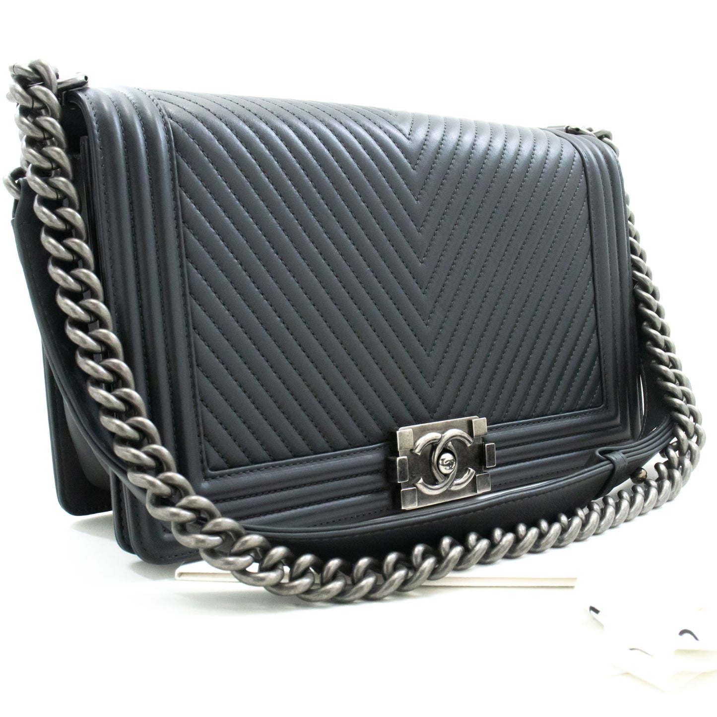 CHANEL Boy Donkergrijze V-Stitch Chain Schoudertas Gequilte Flap n41 hannari-shop