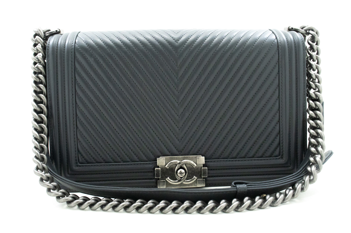 CHANEL Boy Donkergrijze V-Stitch Chain Schoudertas Gequilte Flap n41 hannari-shop