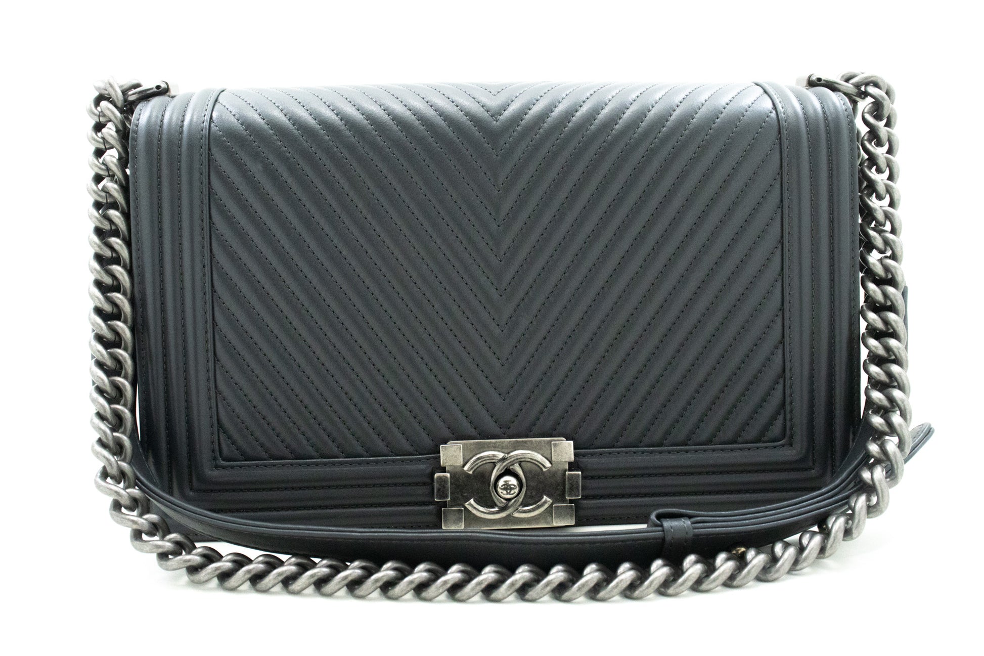 CHANEL Boy Donkergrijze V-Stitch Chain Schoudertas Gequilte Flap n41 hannari-shop