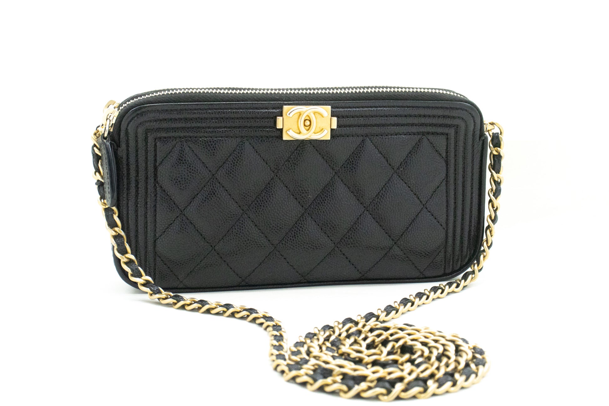 Portefeuille CHANEL Boy Noir Caviar Wallet On Chain WOC Double Zip Épaule n35 hannari-shop