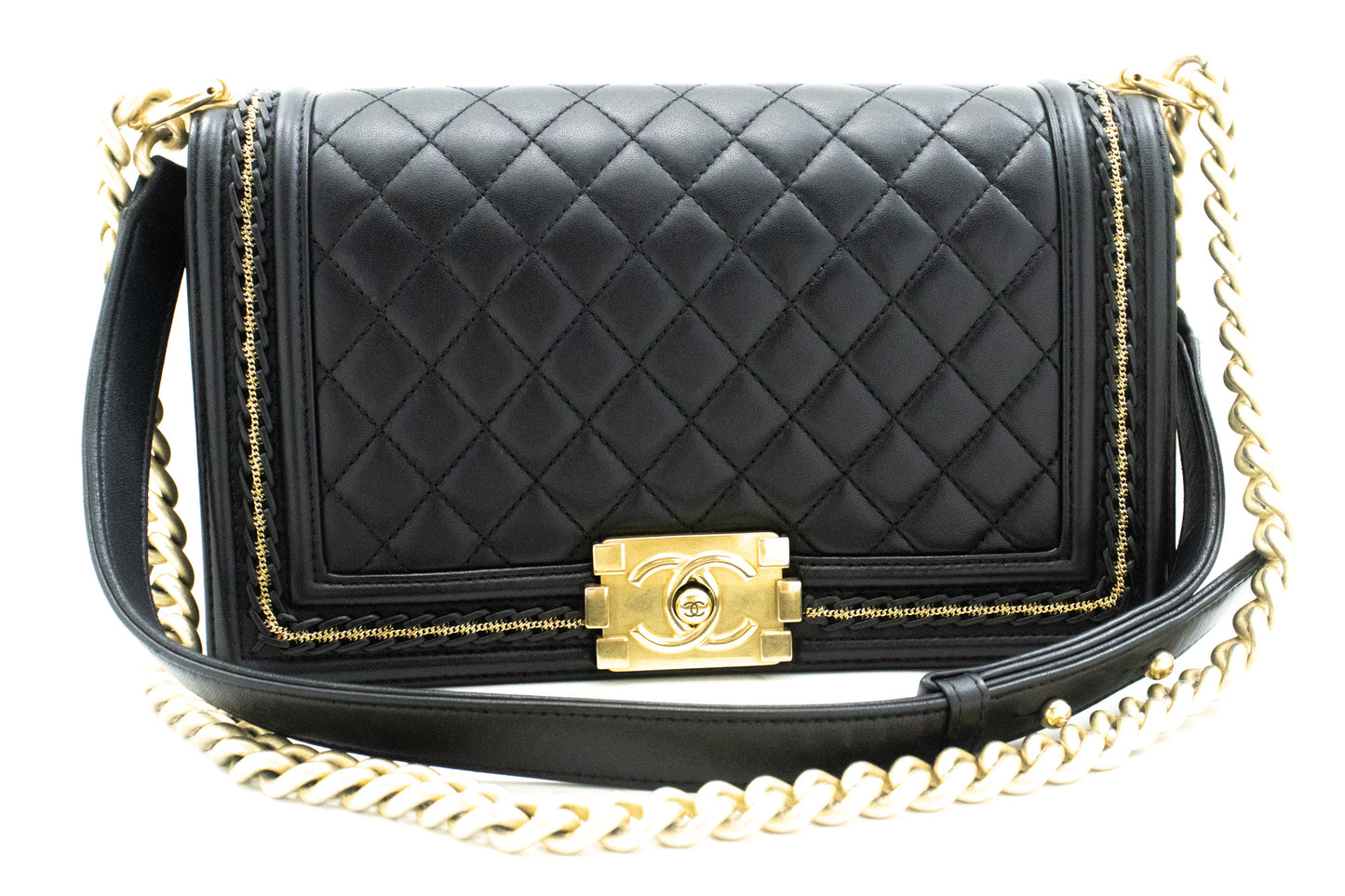 CHANEL Boy Chain Schoudertas Zwart Gequilt Flap Lamsleer n46 hannari-shop