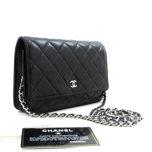 CHANEL Black Classic Wallet On Chain WOC Shoulder Bag Lambskin SV m93 hannari-shop