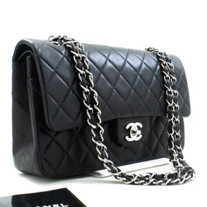 CHANEL Classic Double Flap 10" Silver Chain Shoulder Bag Black Lam n65 hannari-shop