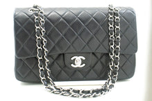 CHANEL Classic Double Flap 10" Silver Chain Shoulder Bag Black Lam n65 hannari-shop