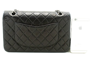 CHANEL Classic Double Flap 10" Silver Chain Shoulder Bag Black Lam n65 hannari-shop