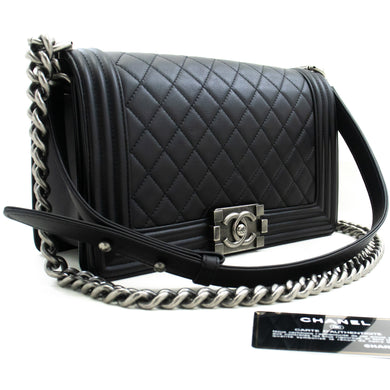 CHANEL Boy Chain Shoulder Bag Black Quilted Flap Calfskin Leather m56 hannari-shop
