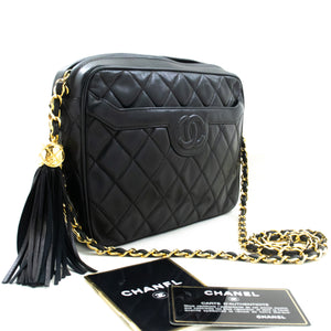 CHANEL Vintage Tassel Chain Shoulder Bag Black Quilted Zipper Lamb n19 hannari-shop