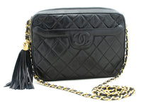 CHANEL Vintage Tassel Chain Shoulder Bag Black Quilted Zipper Lamb n19 hannari-shop