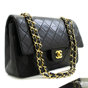 CHANEL Classic Double Flap 10" Chain Shoulder Bag Black Lambskin n97 hannari-shop