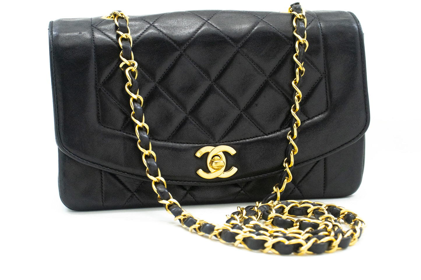 CHANEL Diana Flap Chain Schoudertas Zwart Gequilt Lamsleer Portemonnee n77 hannari-shop
