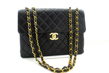 CHANEL Classic Large 11" Chain Shoulder Bag Flap Black Lambskin n12 hannari-shop